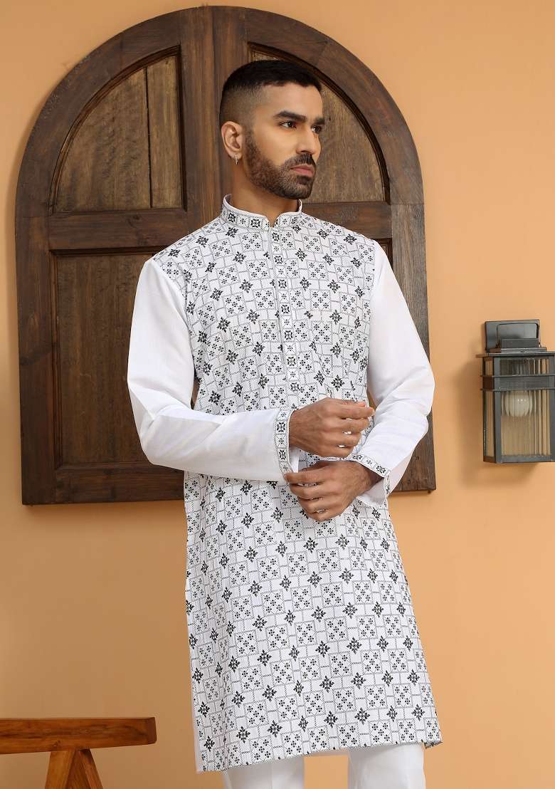 White Geometric Print Cotton Silk Kurta For Men - Indya
