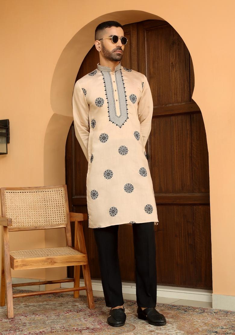 Beige Ethnic Motifs Cotton Silk Kurta For Men