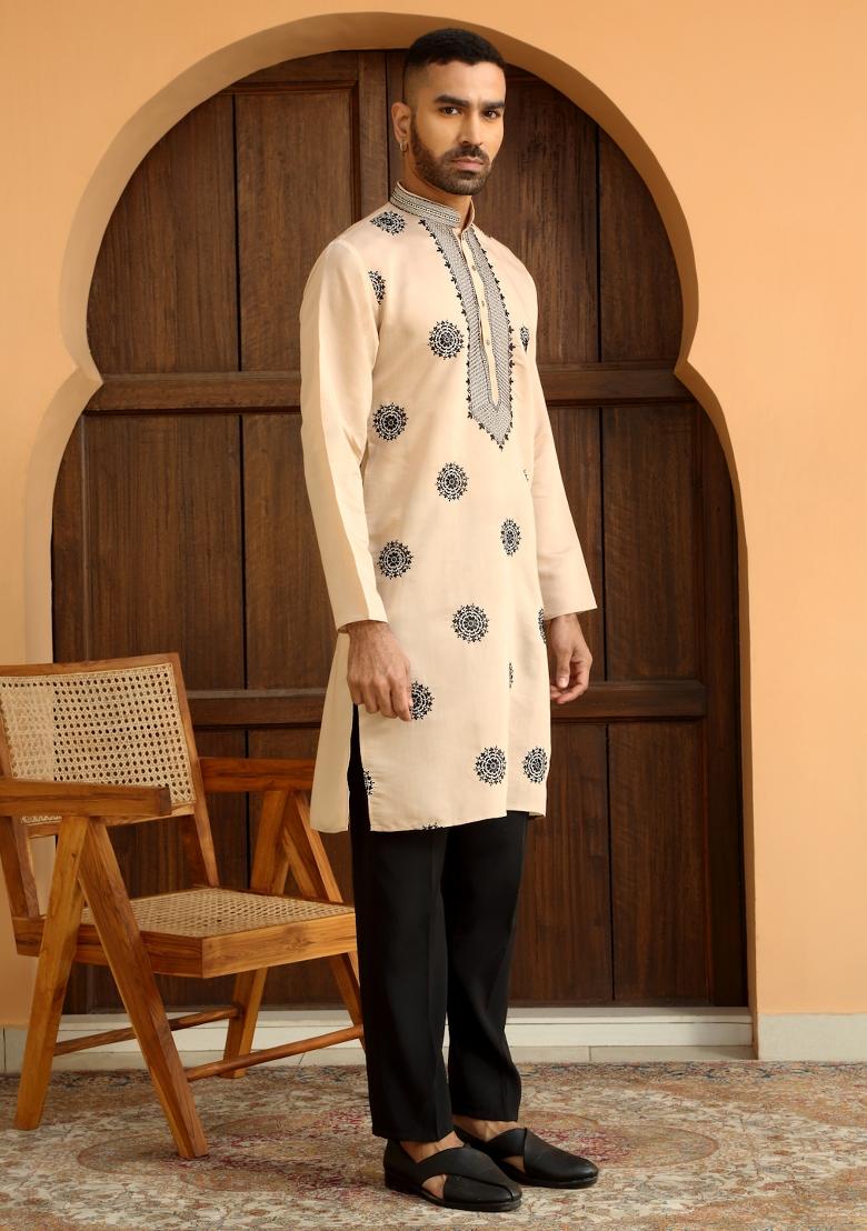 Beige Ethnic Motifs Cotton Silk Kurta For Men