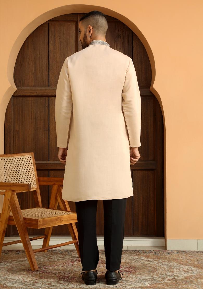Beige Ethnic Motifs Cotton Silk Kurta For Men