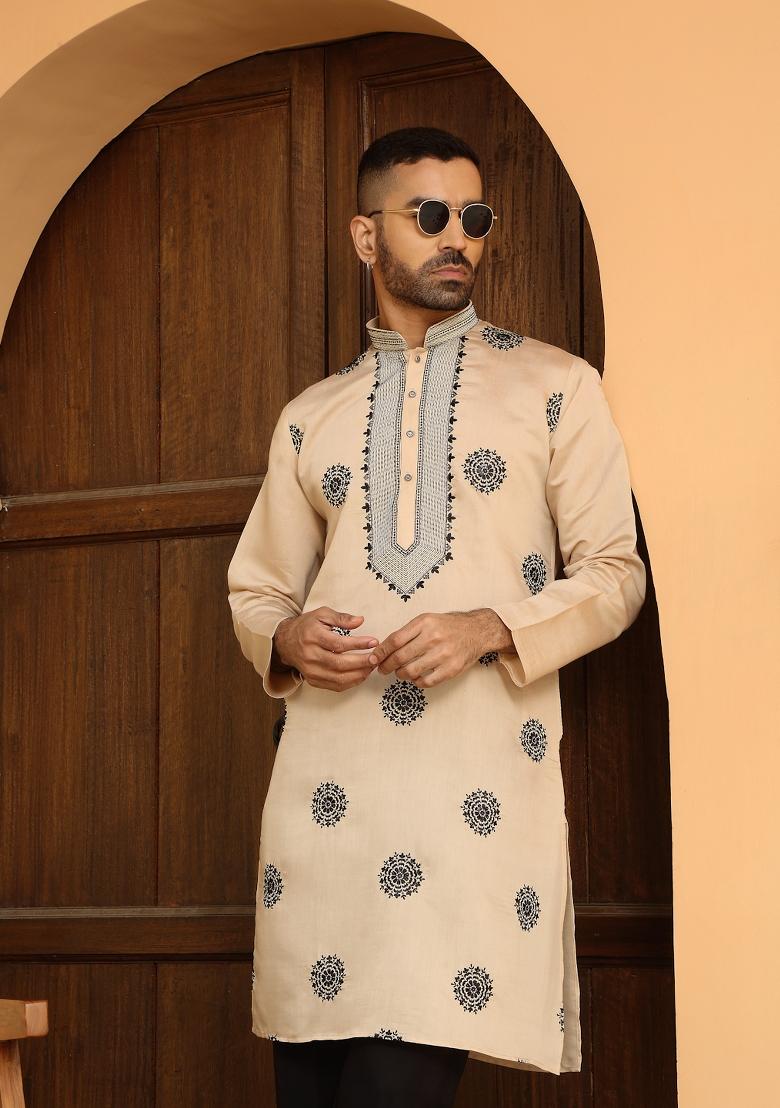 Beige Ethnic Motifs Cotton Silk Kurta For Men