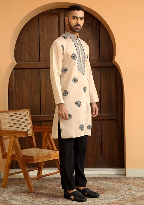 Beige Ethnic Motifs Cotton Silk Kurta For Men