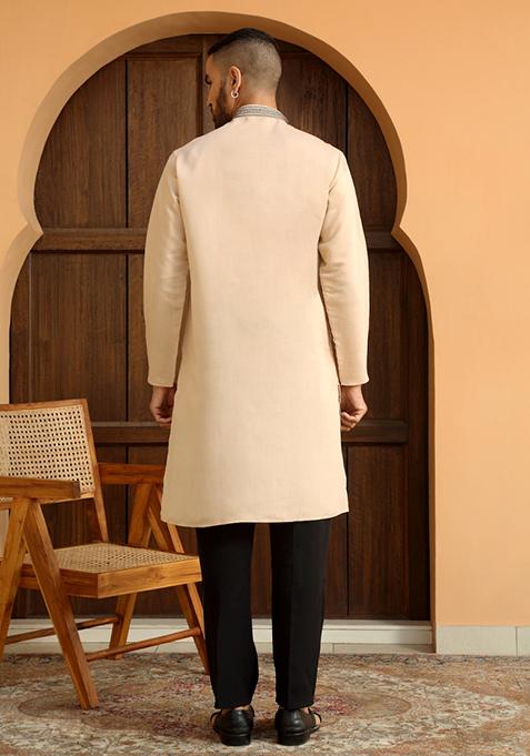 Beige Ethnic Motifs Cotton Silk Kurta For Men