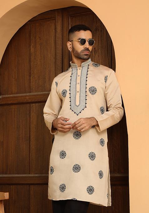 Beige Ethnic Motifs Cotton Silk Kurta For Men