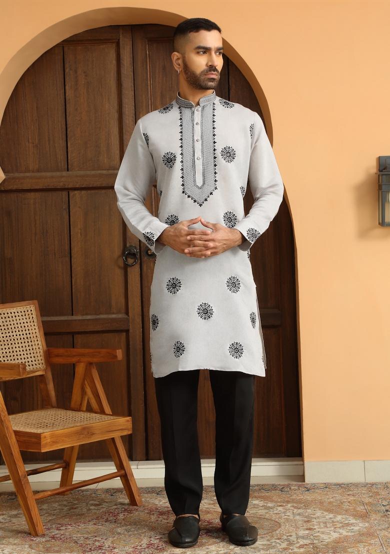 Grey Ethnic Motifs Cotton Silk Kurta For Men