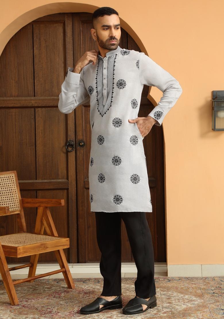 Grey Ethnic Motifs Cotton Silk Kurta For Men
