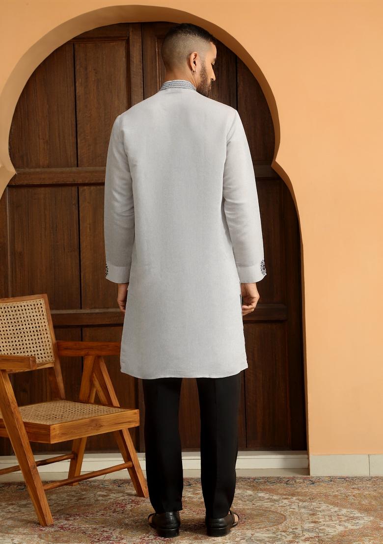 Grey Ethnic Motifs Cotton Silk Kurta For Men