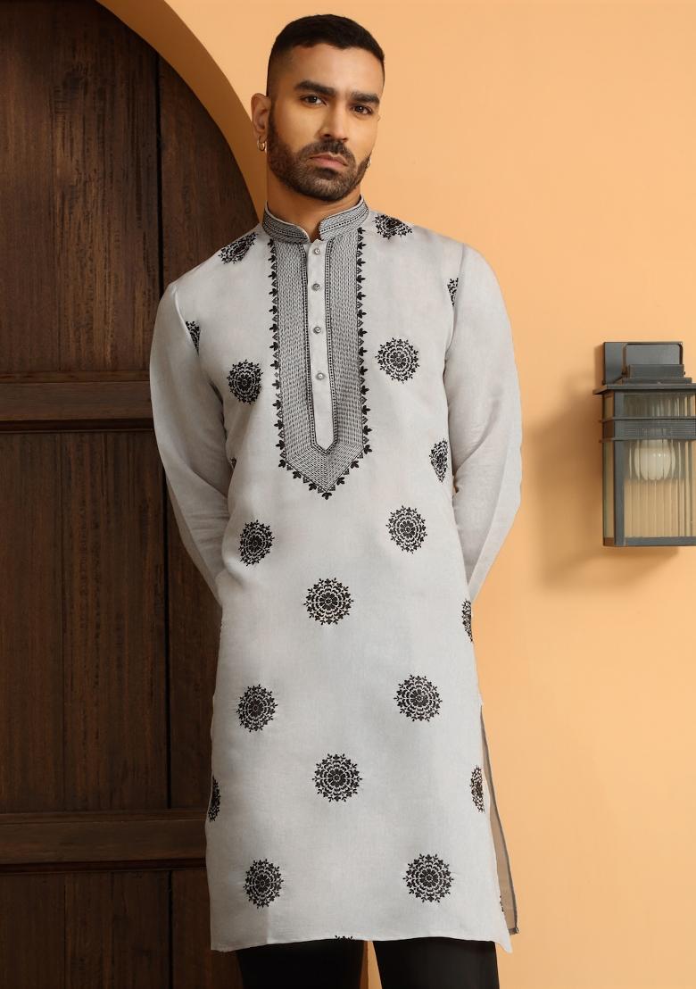 Grey Ethnic Motifs Cotton Silk Kurta For Men