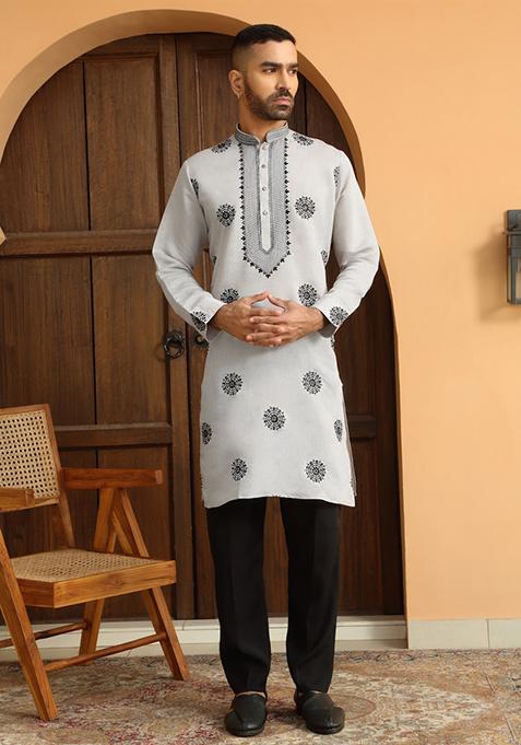 Grey Ethnic Motifs Cotton Silk Kurta For Men