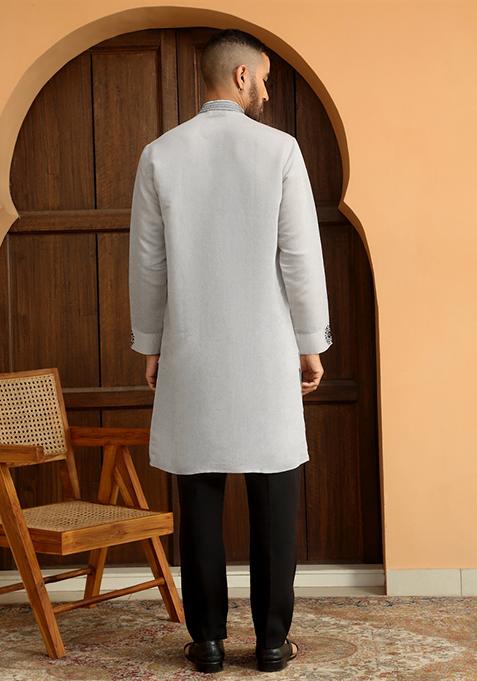 Grey Ethnic Motifs Cotton Silk Kurta For Men