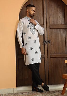White Ethnic Motifs Cotton Silk Kurta For Men