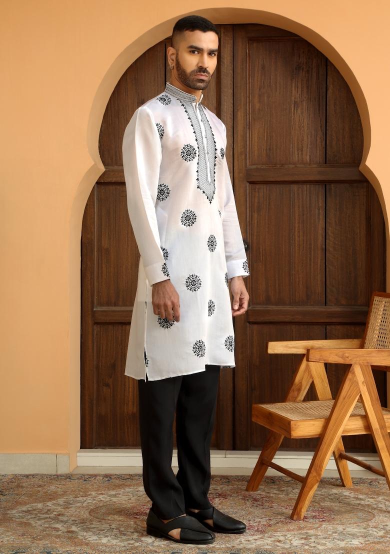 White Ethnic Motifs Cotton Silk Kurta For Men