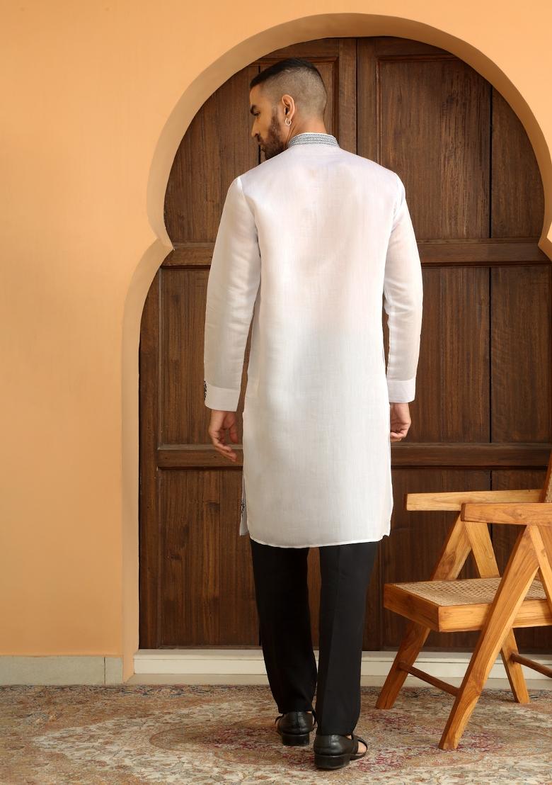 White Ethnic Motifs Cotton Silk Kurta For Men