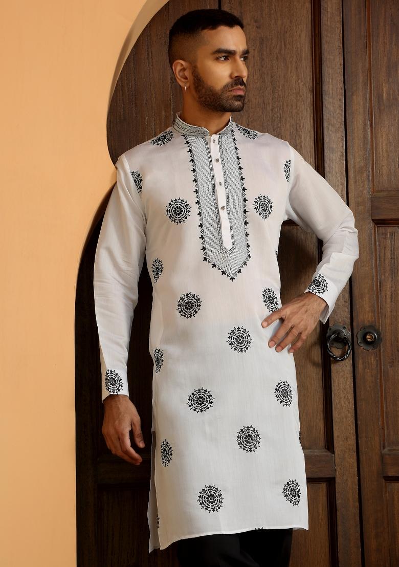 White Ethnic Motifs Cotton Silk Kurta For Men