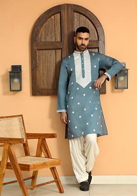Blue Ethnic Motifs Cotton Silk Kurta For Men
