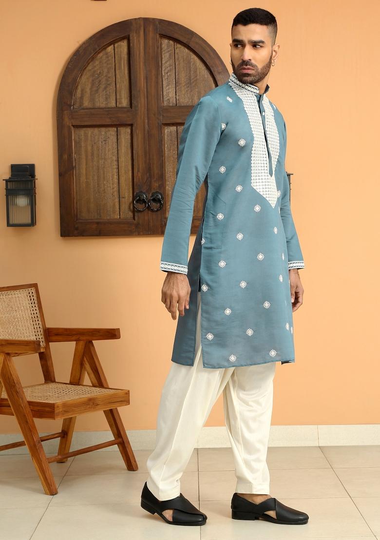 Blue Ethnic Motifs Cotton Silk Kurta For Men