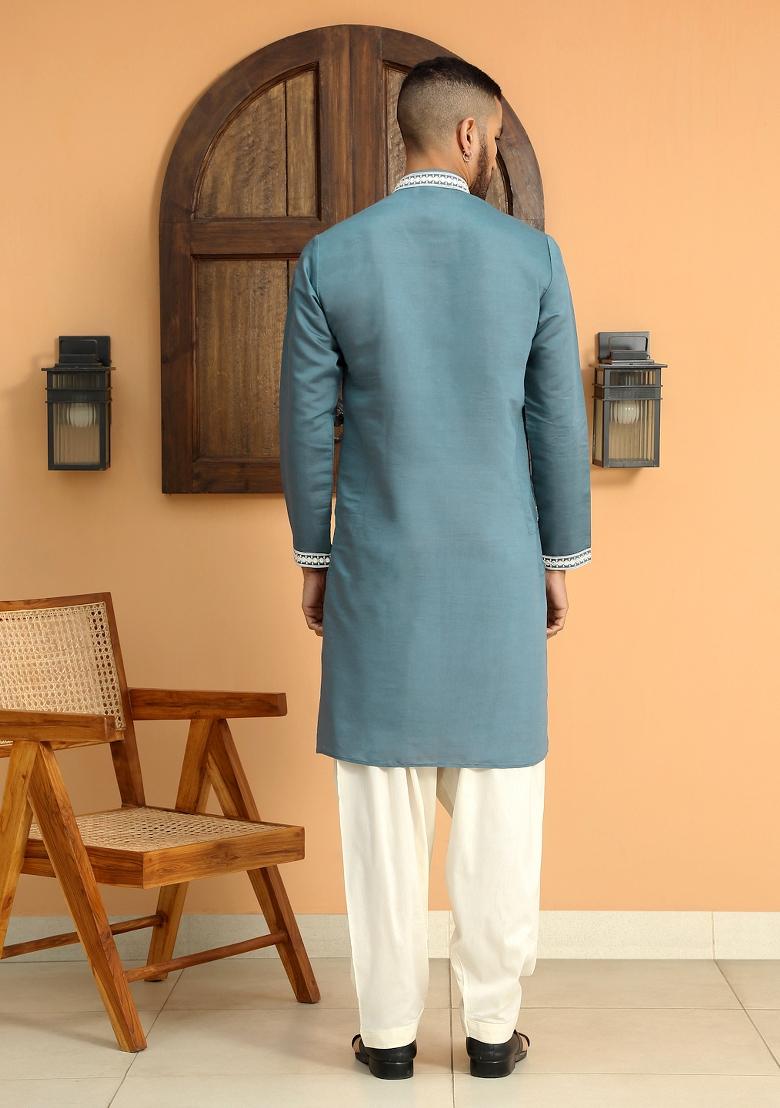Blue Ethnic Motifs Cotton Silk Kurta For Men