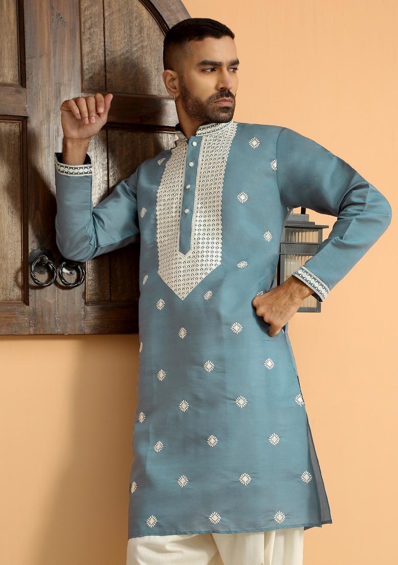 Blue Ethnic Motifs Cotton Silk Kurta For Men