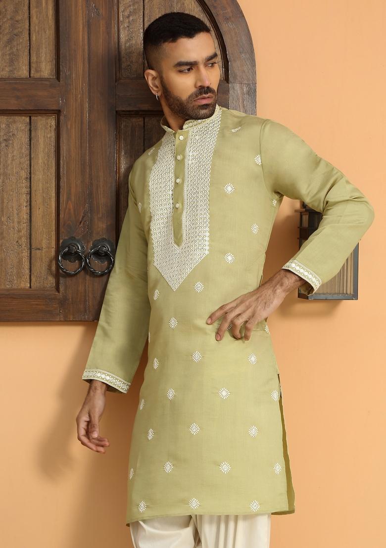 Green Ethnic Motifs Cotton Silk Kurta For Men