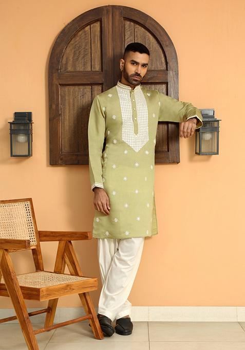 Green Ethnic Motifs Cotton Silk Kurta For Men