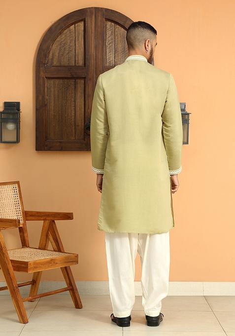 Green Ethnic Motifs Cotton Silk Kurta For Men