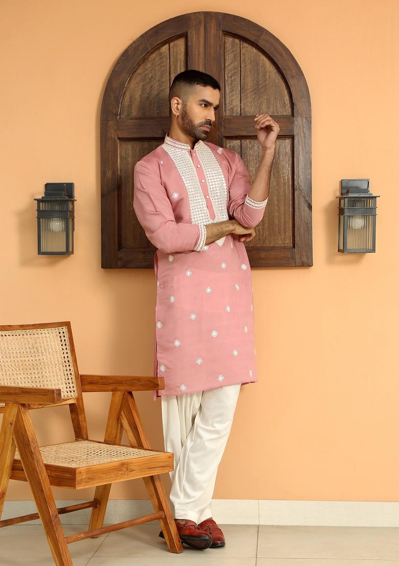 Pink Ethnic Motifs Cotton Silk Kurta For Men
