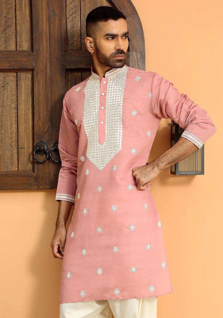 Pink Ethnic Motifs Cotton Silk Kurta For Men