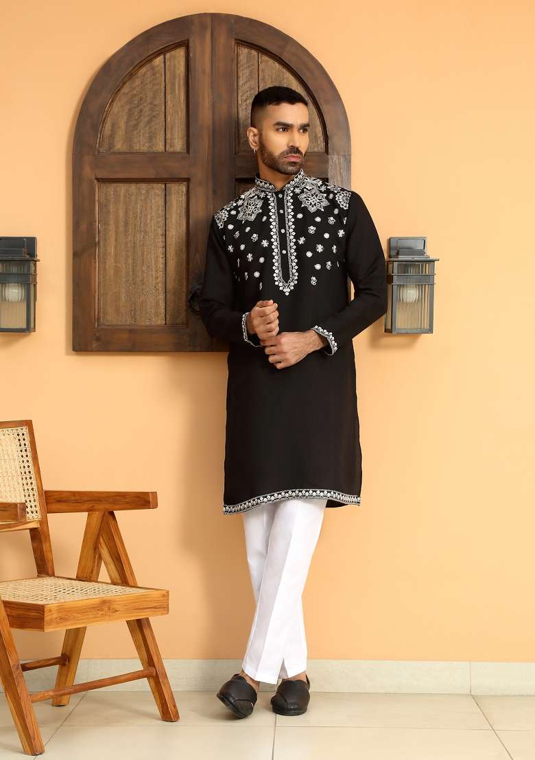 Black Floral Embroided Cotton Silk Blend Kurta For Men - Indya