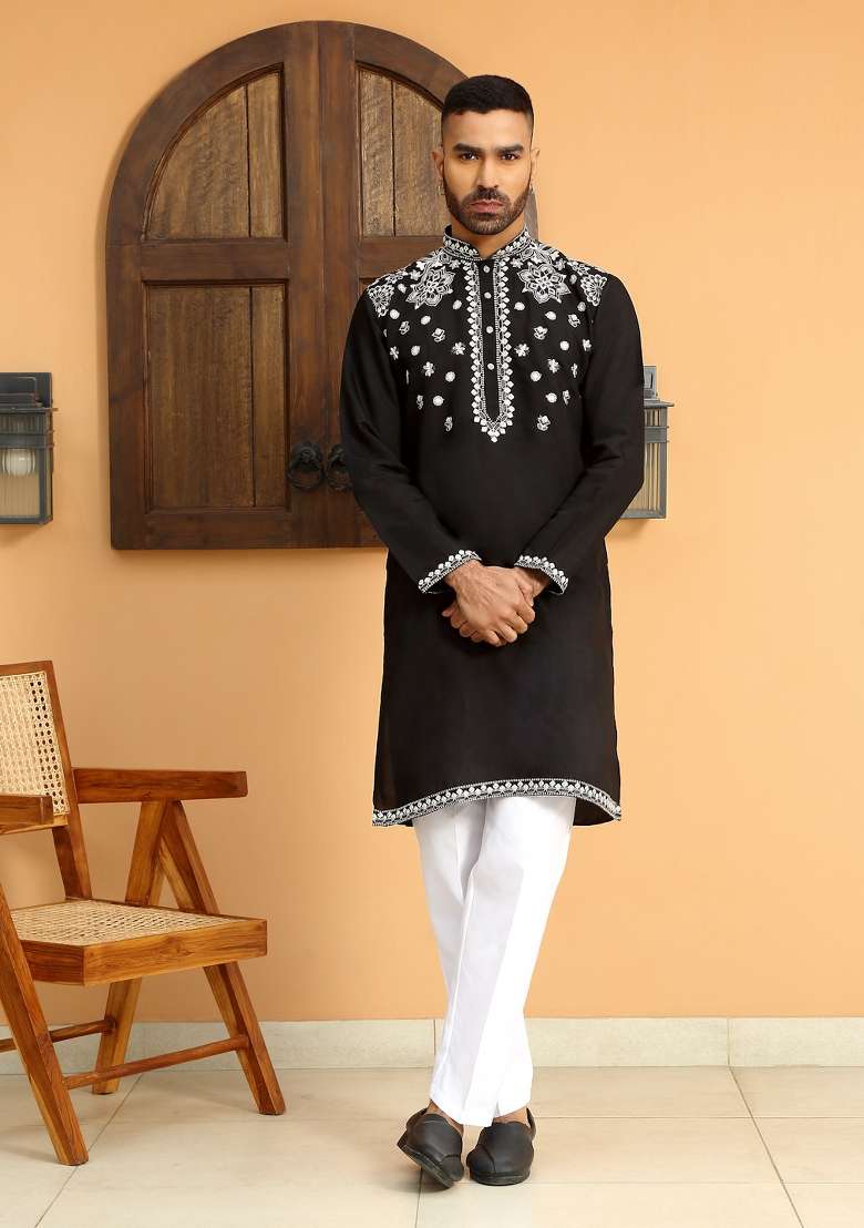 Black Floral Embroided Cotton Silk Blend Kurta For Men - Indya