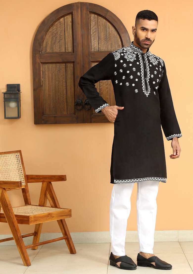Black Floral Embroided Cotton Silk Blend Kurta For Men - Indya