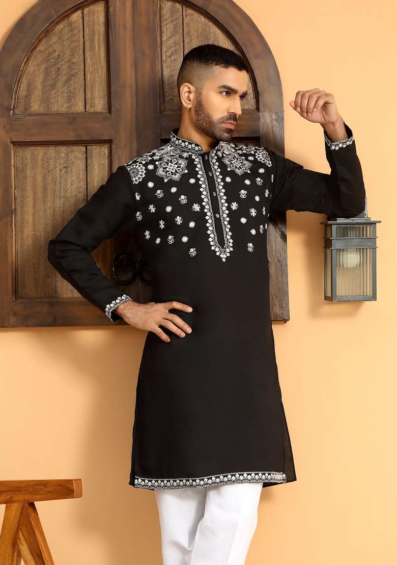 Black Floral Embroided Cotton Silk Blend Kurta For Men - Indya