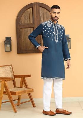 Blue Floral Embroided Cotton Silk Kurta For Men