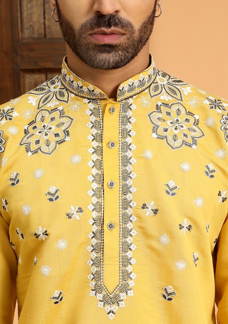 Yellow Floral Embroided Cotton Silk Kurta For Men
