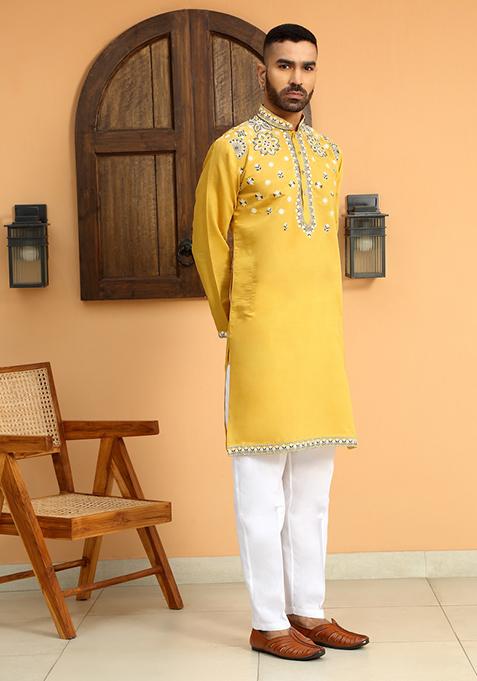 Yellow Floral Embroided Cotton Silk Kurta For Men