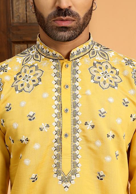 Yellow Floral Embroided Cotton Silk Kurta For Men