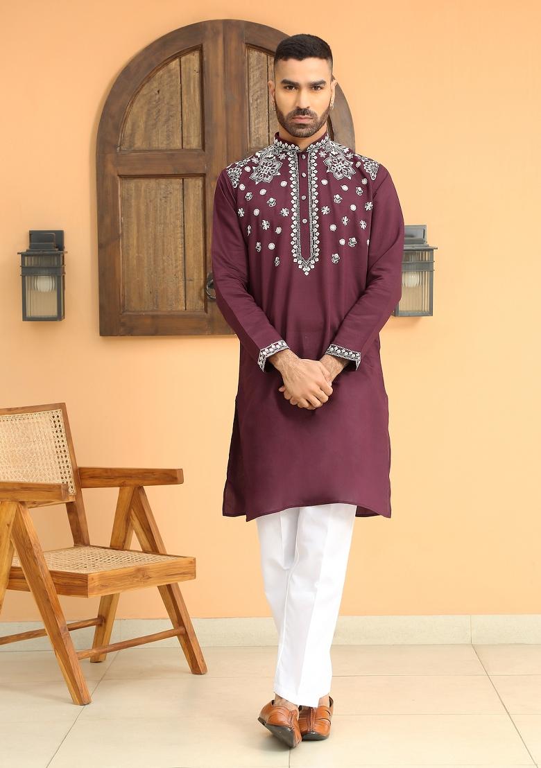Purple Floral Embroided Cotton Silk Kurta For Men