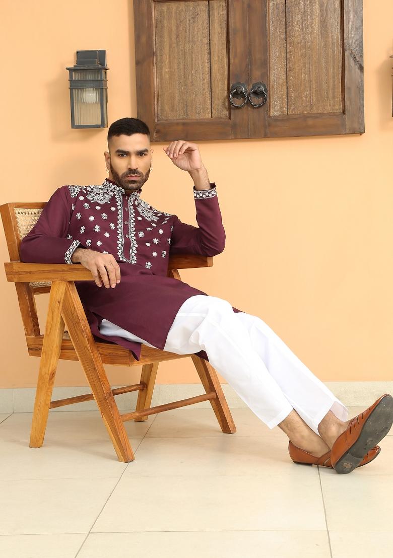 Purple Floral Embroided Cotton Silk Kurta For Men