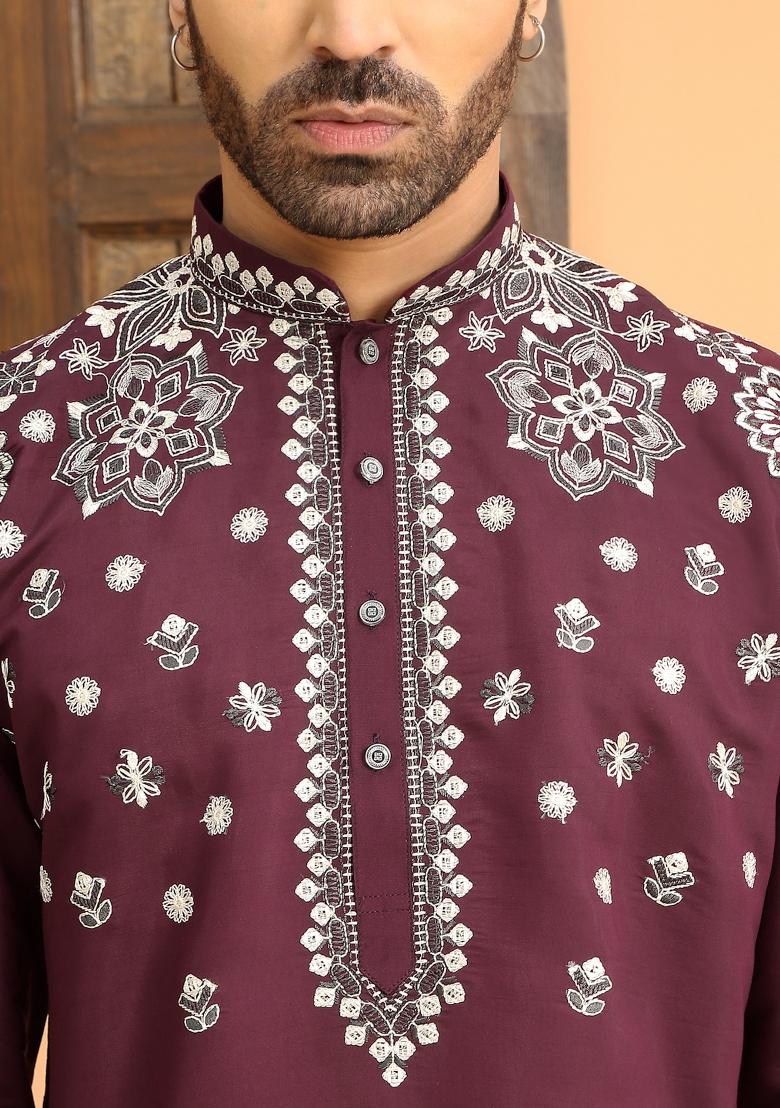 Purple Floral Embroided Cotton Silk Kurta For Men