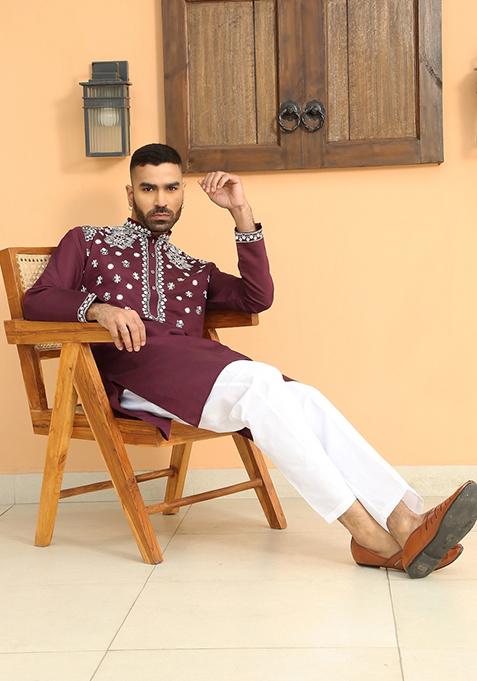 Purple Floral Embroided Cotton Silk Kurta For Men