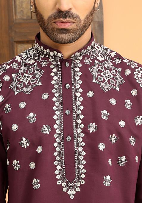 Purple Floral Embroided Cotton Silk Kurta For Men