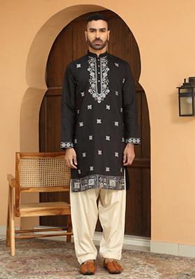 Black Floral Embroided Cotton Silk Kurta For Men