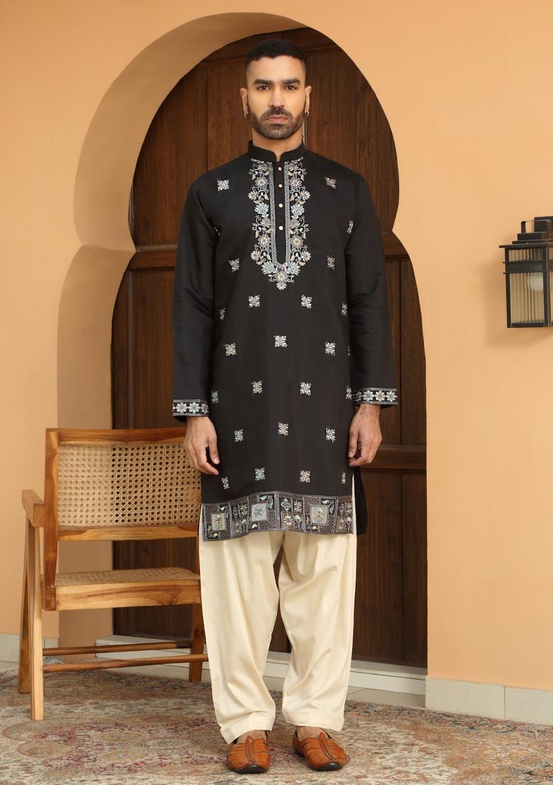 Black Floral Embroided Cotton Silk Kurta For Men