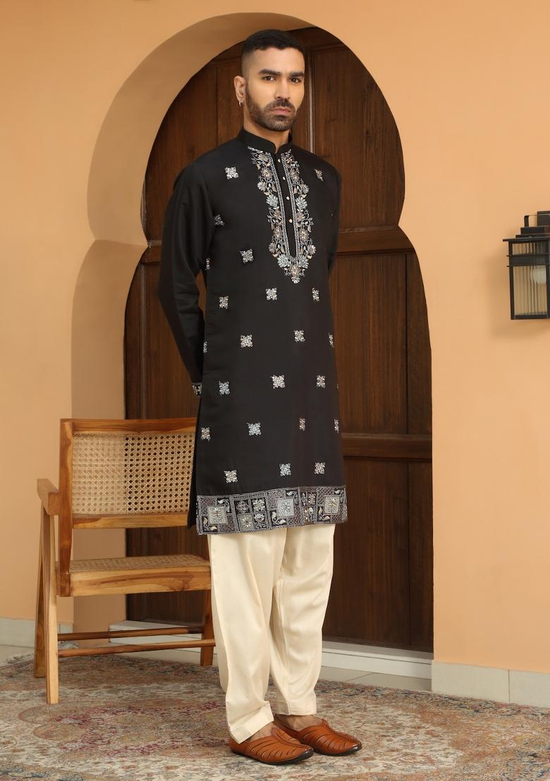 Black Floral Embroided Cotton Silk Kurta For Men