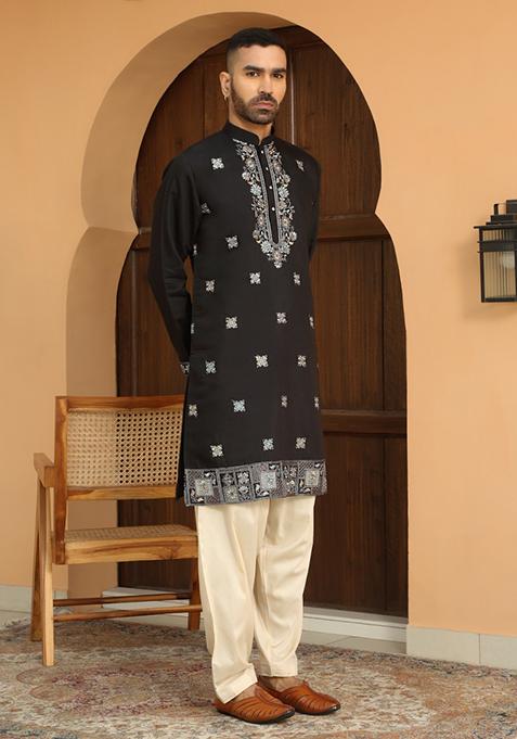 Black Floral Embroided Cotton Silk Kurta For Men