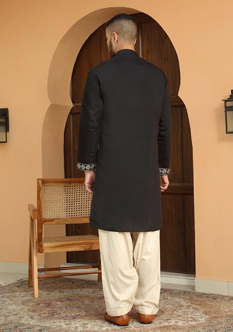 Black Floral Embroided Cotton Silk Kurta For Men