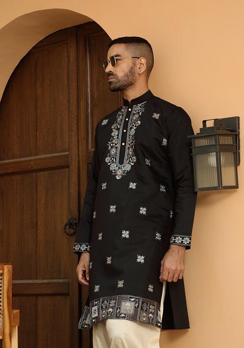 Black Floral Embroided Cotton Silk Kurta For Men
