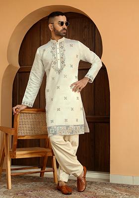 Cream Floral Embroided Cotton Silk Blend Kurta For Men