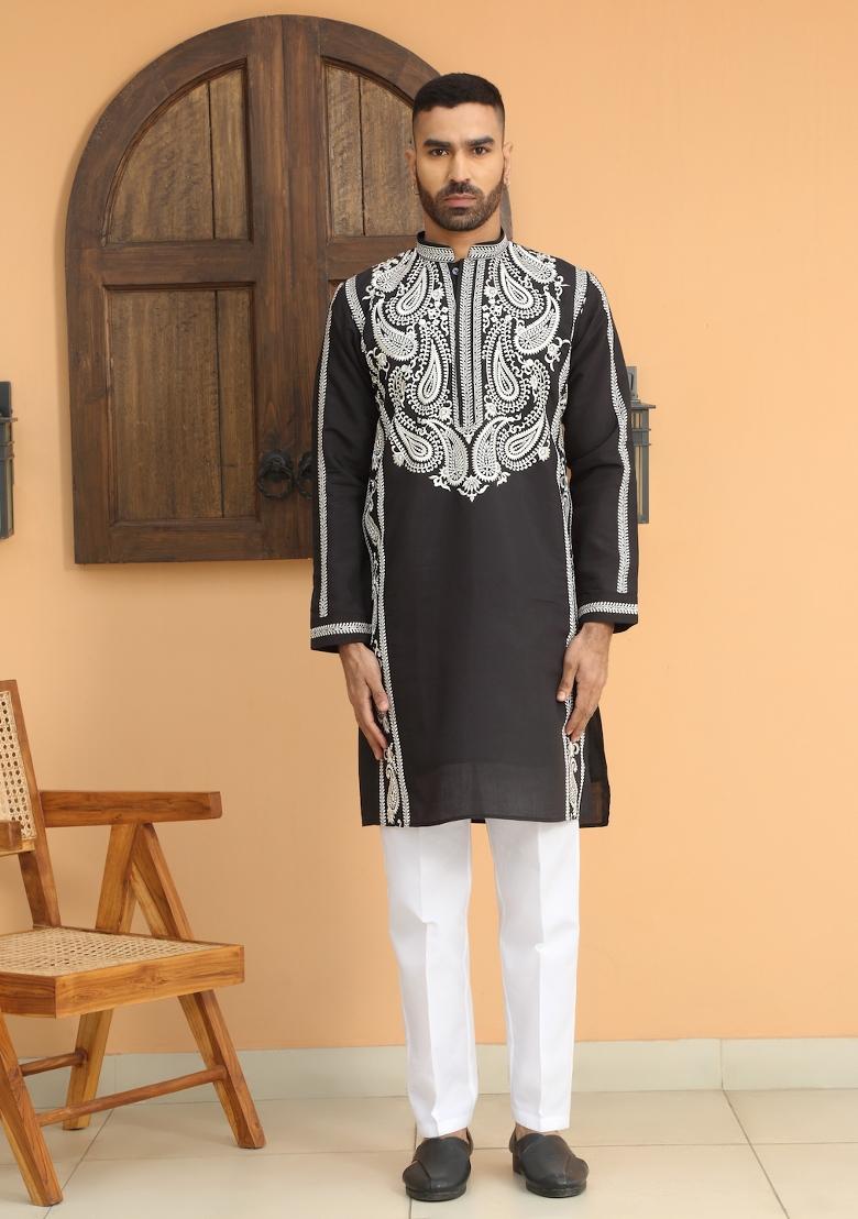 Black Paisley Print Cotton Silk Kurta For Men - Indya