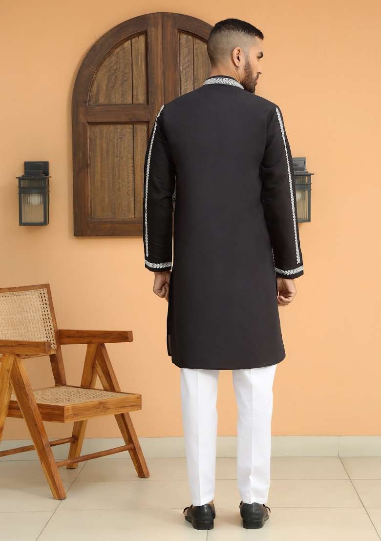 Black Paisley Print Cotton Silk Blend Kurta For Men - Indya