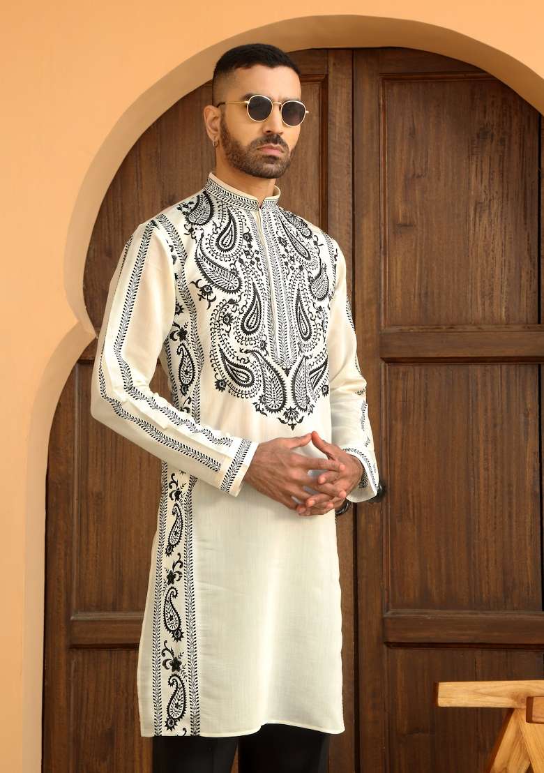Cream Paisley Print Cotton Silk Blend Kurta For Men - Indya